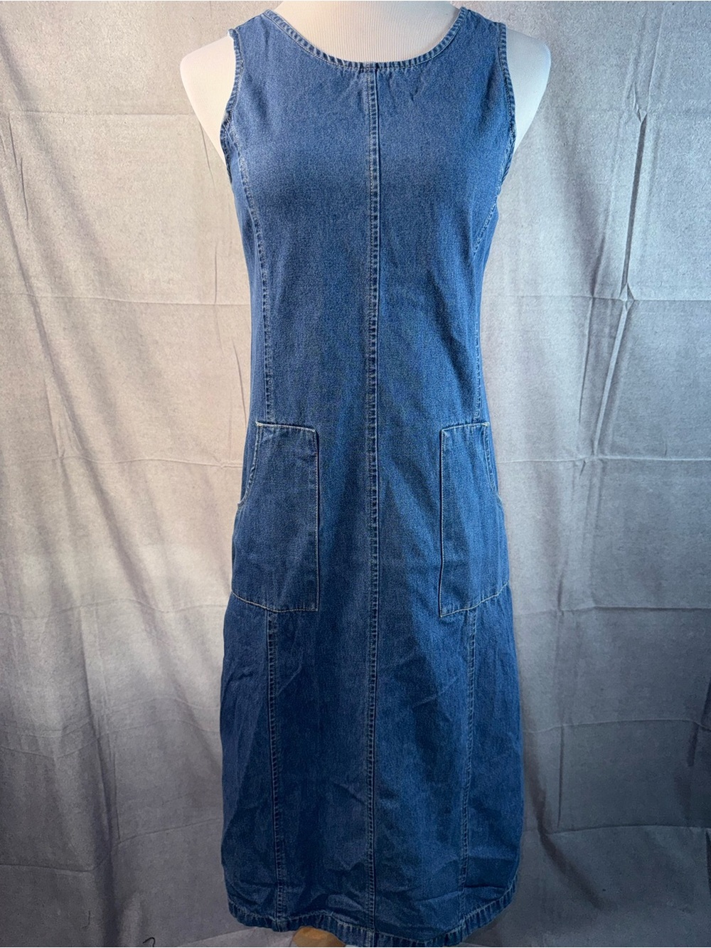 2058-Vintage TY Original Wear Sleeveless Denim Midi Dress - Blue